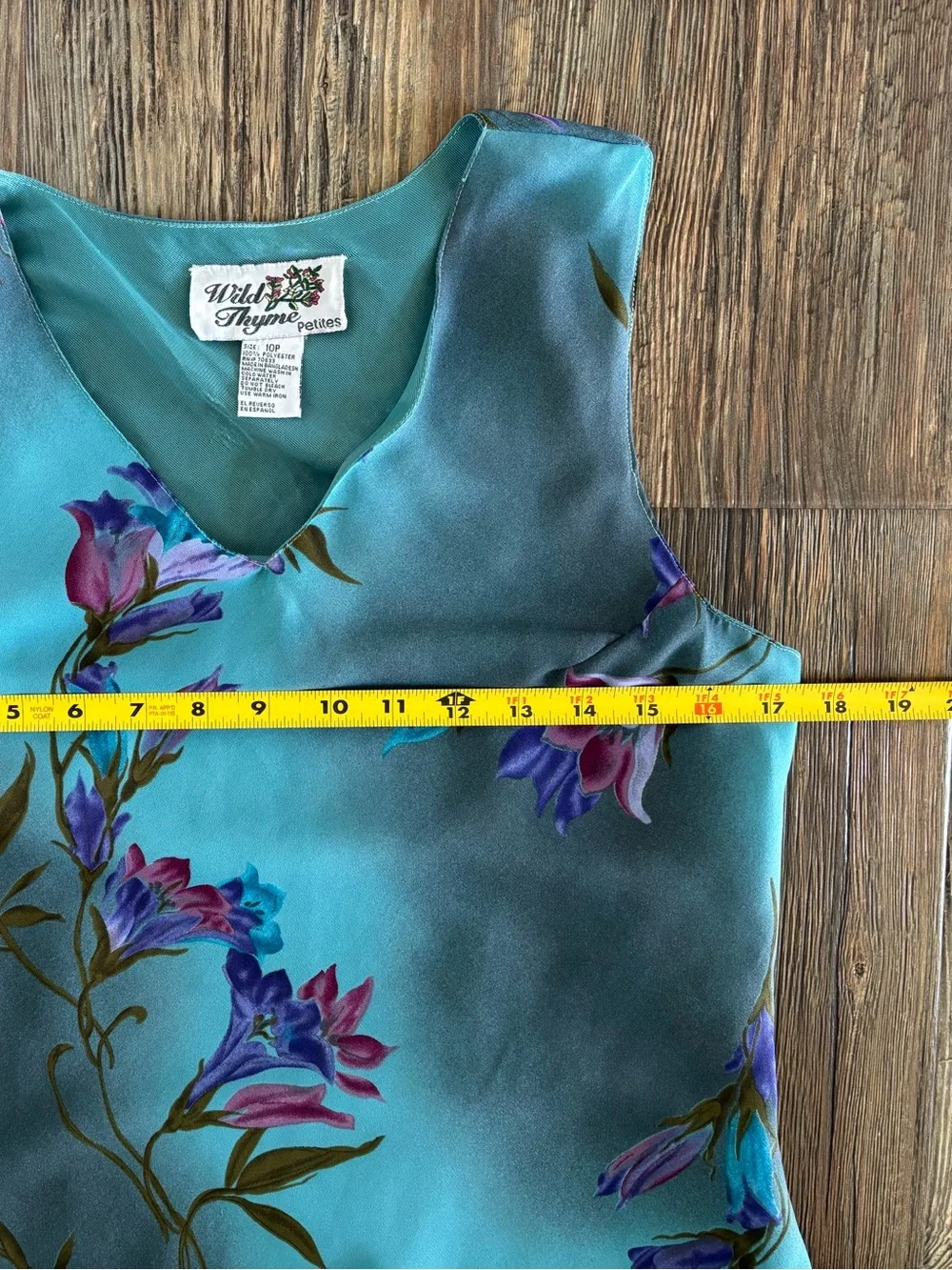 Vtg Wild Thyme Petites Sleeveless V-Neck Dress 10P Aqua Blue Floral Watercolor